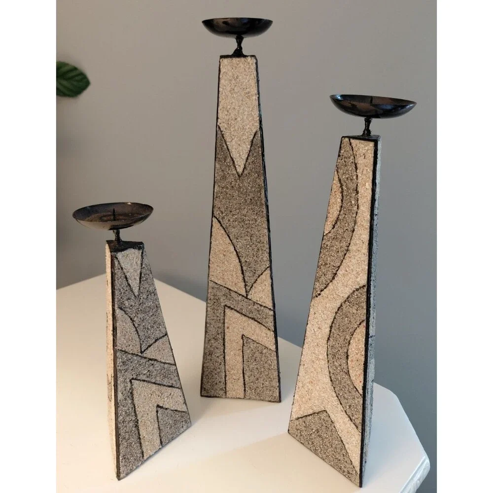 Art Deco Trio Candle Holders Pyramid Shape Pebbled